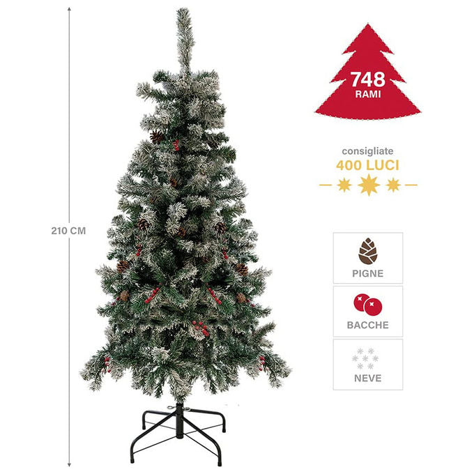 Albero di Natale Galileo Casa Sestriere 210 cm Verde Innevato con Pigne e Bacche