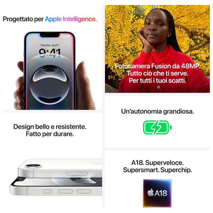 Apple MD1Q4QL-A iPhone 16e Smartphone 5G 128GB Display OLED 6.1'' Chip A18 Fotocamera 48MP iOS 18 colore Nero