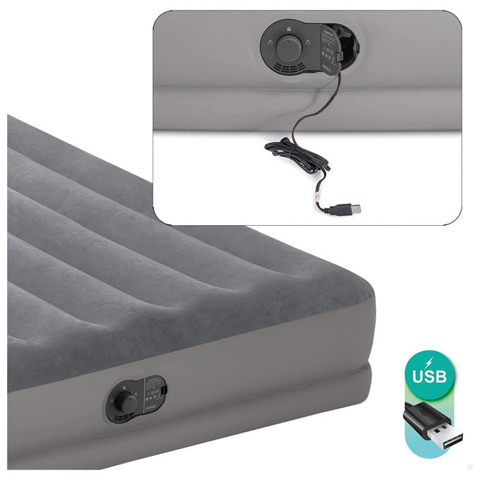 Intex Materasso Gonfiabile Matrimoniale, Grigio, Pompa Integrata, 203x152x30cm