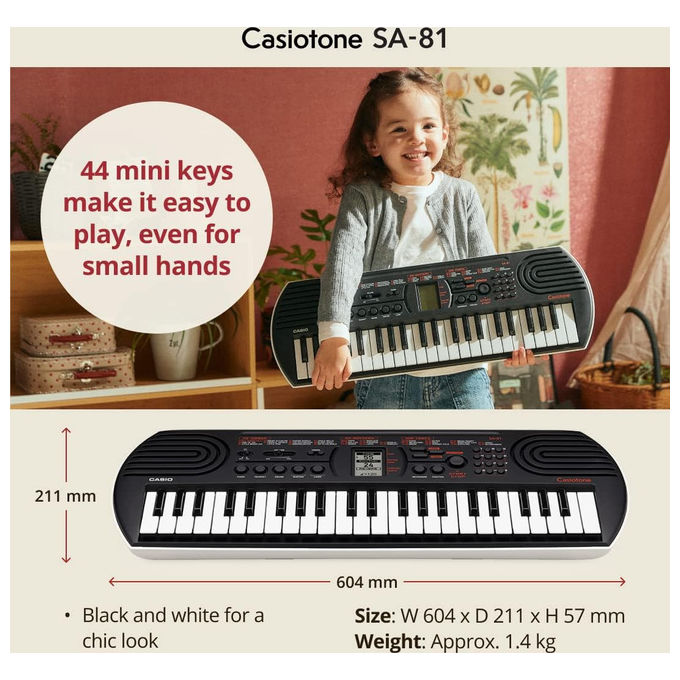 Casio Tastiera SA-81, 44 Mini Tasti, Nero, per Bambini e Principianti, Portatile