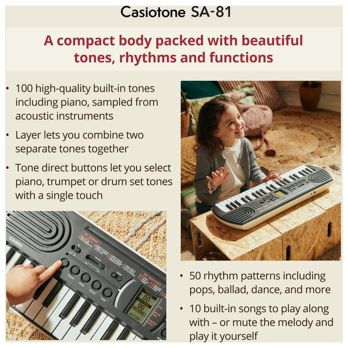 Casio Tastiera SA-81, 44 Mini Tasti, Nero, per Bambini e Principianti, Portatile
