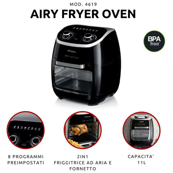 Ariete 4619 Air Fryer Oven - Friggitrice ad Aria e forno elettrico con cestello rotante 11 Lt. Funzione girarrosto ed essicatore 2000W 8 Programmi Nero