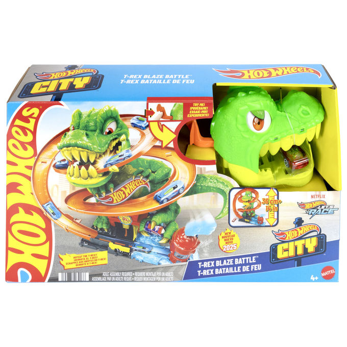 Hot Wheels JBM73 City T-Rex Battaglia Infuocata Playset Pista con Dinosauro e Camion Pompieri Die-Cast 1:64 4+ Anni colore Multicolore