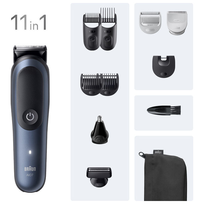 Braun AIO7540 Regolabarba e Tagliacapelli 11in1 Nero-Blu Impermeabile Ioni di Litio