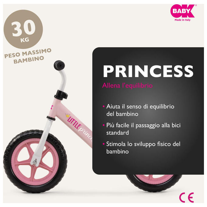 Okbaby 39350002 Little Princess Bicicletta senza Pedali Balance Bike 12'' fino 30 Kg per Bambini 24 mesi colore Rosa
