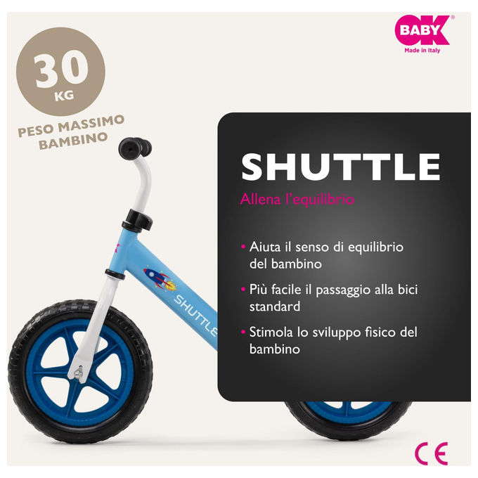 Okbaby 39350003 Shuttle Balance Bike Bicicletta senza Pedali per Bambini 2 Anni Ruote 12'' colore Azzurro