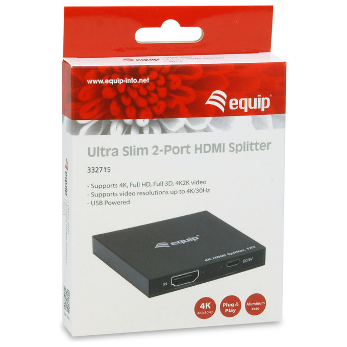Equip Splitter HDMI 2 Porte 4K Ultra HD 60Hz Nero Ultra Slim - Accessorio Video