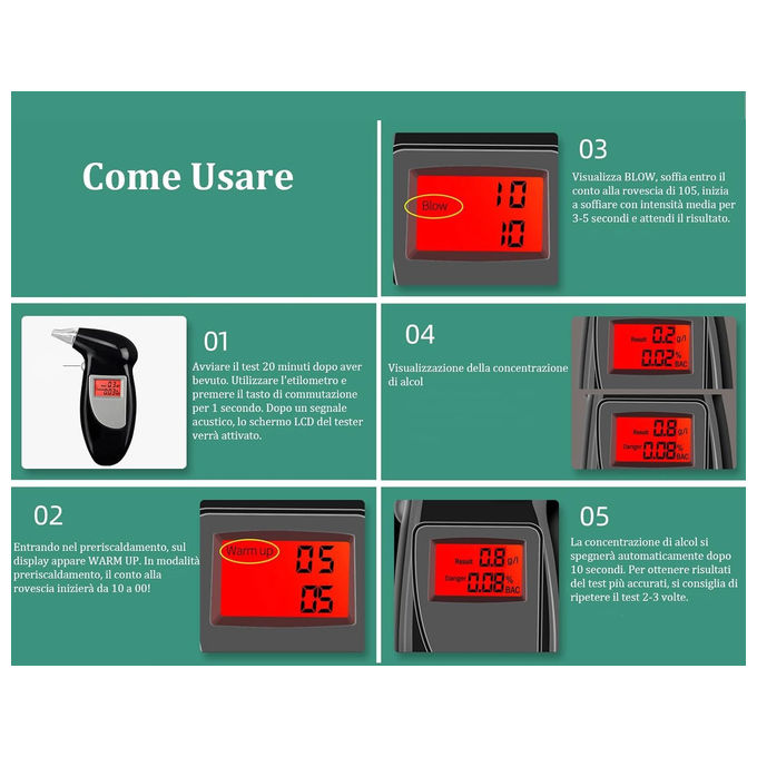 Etilometro Digitale Portatile Professionale Tester Alcool per Auto