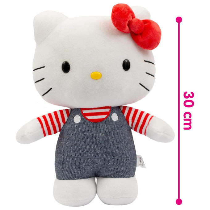 Hello Kitty HKT13300 Peluche 30 cm Outfit Moda Tutina Jeans Fiocco Rosso colore Blu Denim