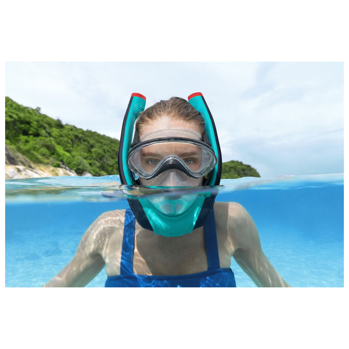 Bestway 24060 Flowtech Maschera Snorkeling Integrale Silicone Taglia S-M Dry-Top 14+ anni colore Nero Rosso Turchese