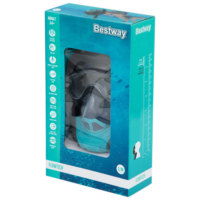 Bestway 24060 Flowtech Maschera Snorkeling Integrale Silicone Taglia S-M Dry-Top 14+ anni colore Nero Rosso Turchese