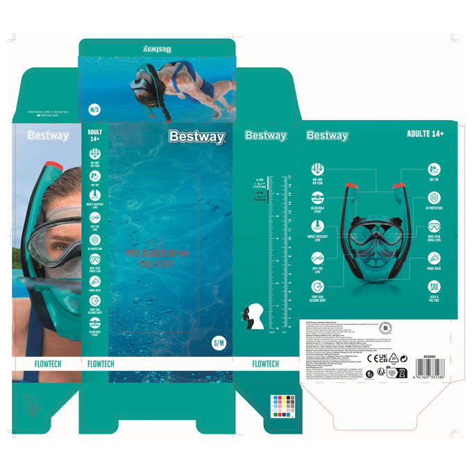 Bestway 24060 Flowtech Maschera Snorkeling Integrale Silicone Taglia S-M Dry-Top 14+ anni colore Nero Rosso Turchese