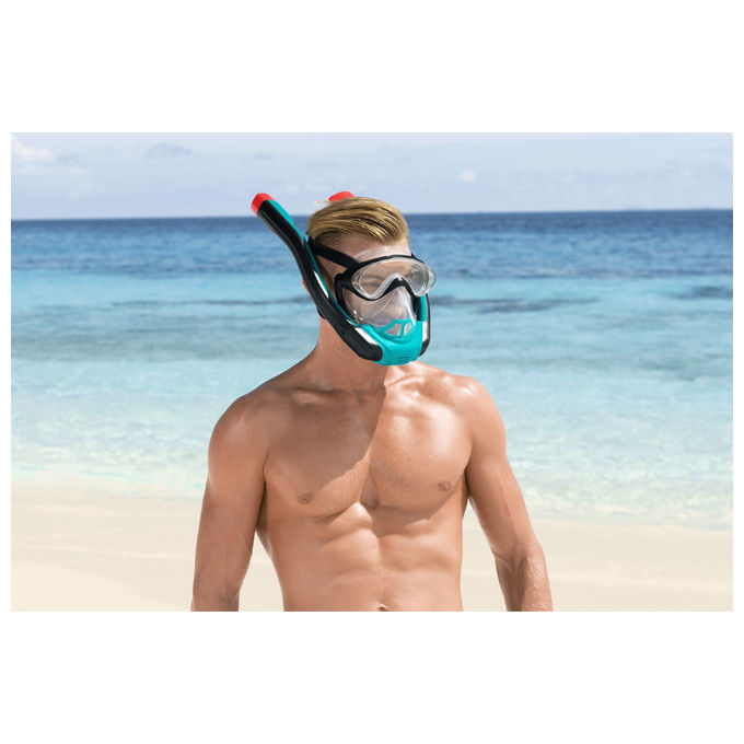 Bestway 24060 Flowtech Maschera Snorkeling Integrale Silicone Taglia S-M Dry-Top 14+ anni colore Nero Rosso Turchese
