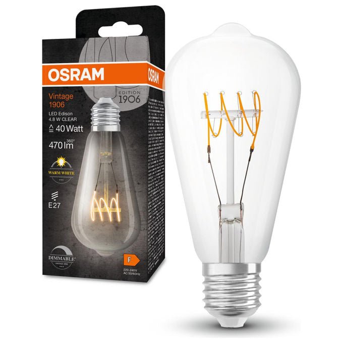 Osram, Lampada LED Vintage 1906 Edison, E27, 4.8W 470lm, 2700K, Dimmerabile, Filamento Chiaro