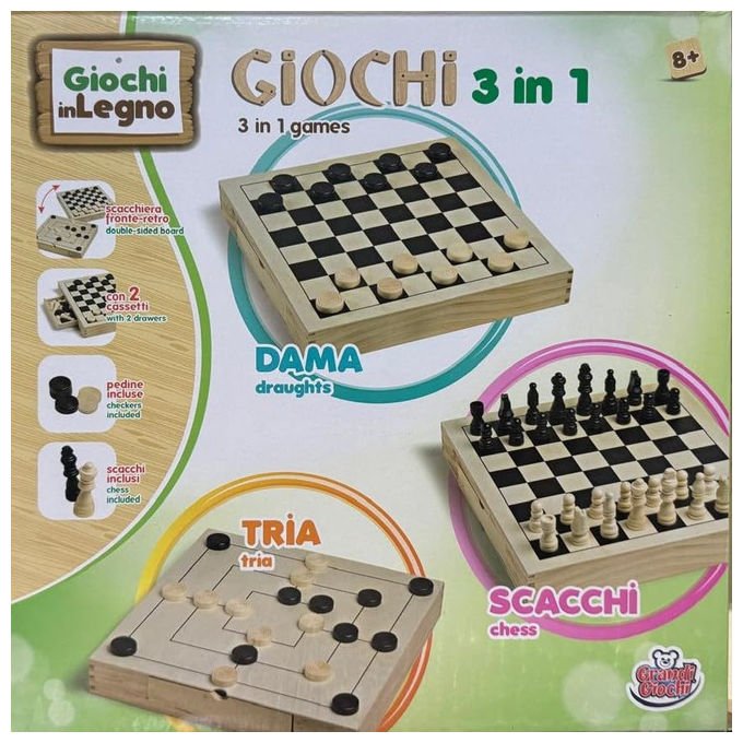 Grandi Giochi, Dama Scacchi Tria in Legno 3 in 1, Gioco di Societa' per Famiglia