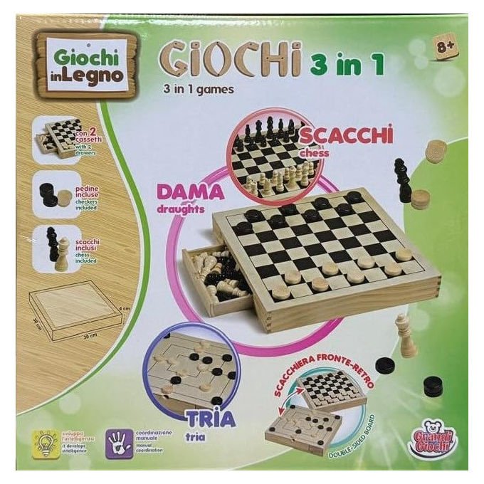 Grandi Giochi, Dama Scacchi Tria in Legno 3 in 1, Gioco di Societa' per Famiglia