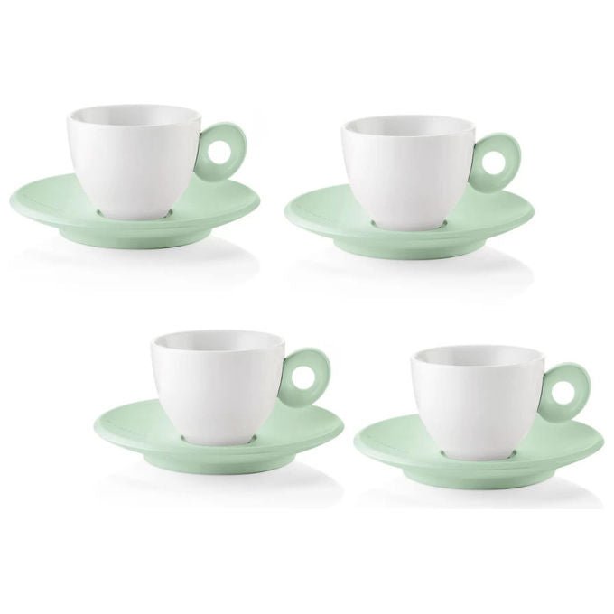Guzzini, Set 4 Tazzine Caffe' con Piattino Everyday, Porcellana, Bianco Verde Malva