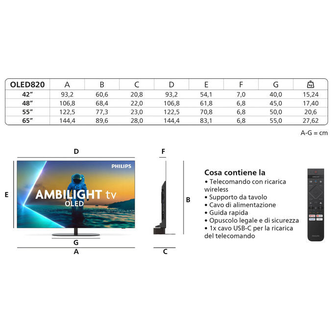 Philips Ambilight 55OLED820 4K OLED Smart TV 55 Pollici con processore P5 AI Perfect Picture Ultra HD Google TV Dolby Vision e Atmos Sound