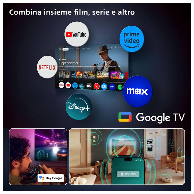 Philips Ambilight 55OLED820 4K OLED Smart TV 55 Pollici con processore P5 AI Perfect Picture Ultra HD Google TV Dolby Vision e Atmos Sound