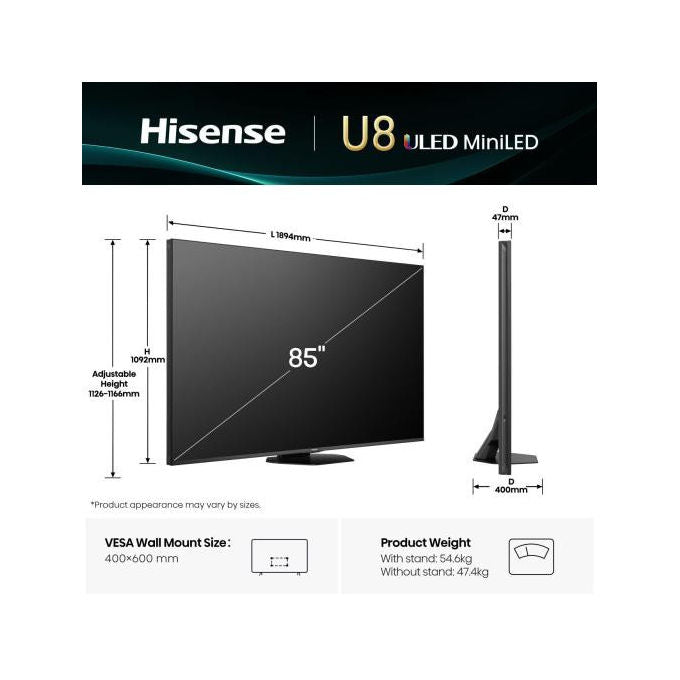 Hisense 85U8Q TV 4K Ultra HD Smart TV Wi-Fi Octagonal Stand Dolby Atmos Multi-Channel Surround 4.1.2 Smart TV VIDAA U9 con 1000+APP Dolby Vision IQ HDR 10+
