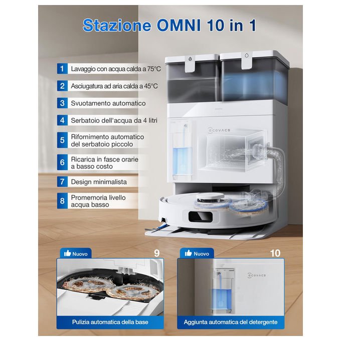Ecovacs T30C OMNI DEEBOT Robot aspirapolvere LiDAR 20000 Pa ZeroTangle 3.0 autonomia 180 min Wi-Fi app colore Bianco