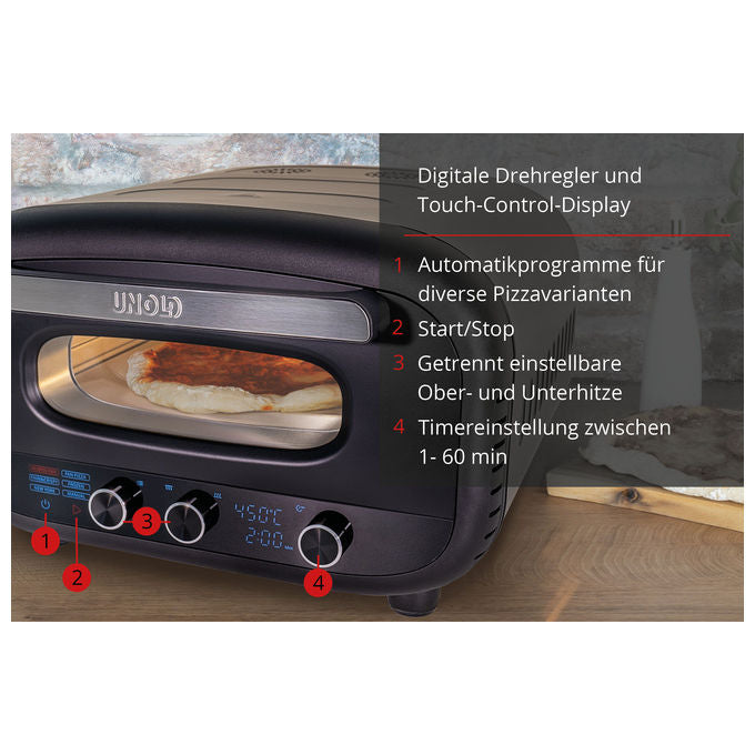 Unold 68805 Pizza Oven Alfredo Forno per Pizza 1700 W Temperatura fino a 450 °C Acciaio Inox (43.3x47.2x28.6 cm) colore Nero