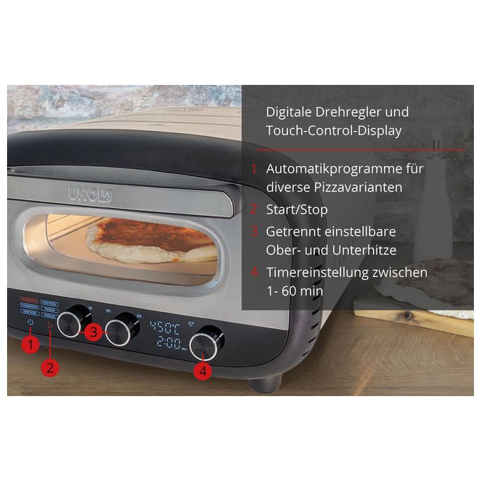 Unold 68806 Pizzaofen Alfredo Macchina e Forno per Pizza 1 pizza 1700 W Temperatura fino a 450 °C Diametro massimo 30 cm Display digitale colore Acciaio inox
