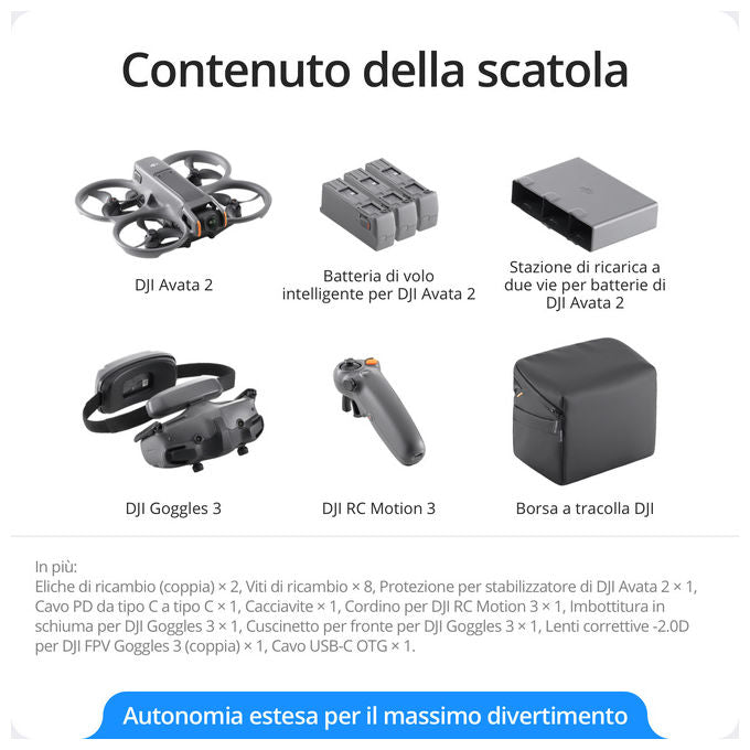 DJI Avata 2 drone fpv 4k nero fly more combo con 3 batterie goggles 3 e rc motion 3