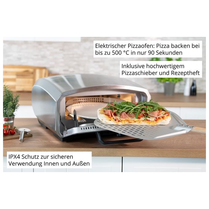 Unold 68916 Enzo Forno per Pizza Elettrico 2100 W con Pietra Rotante e Display Digitale temperatura fino a 500 °C colore Acciaio inox