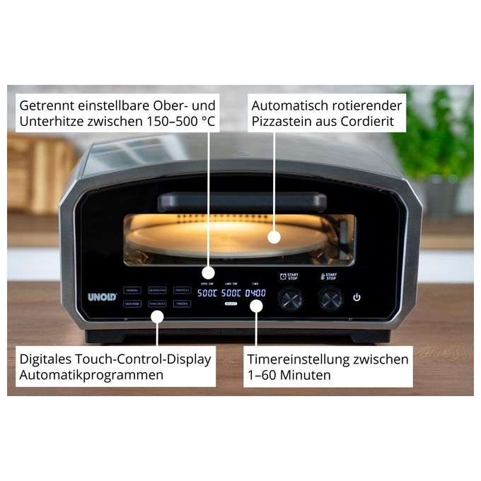 Unold 68916 Enzo Forno per Pizza Elettrico 2100 W con Pietra Rotante e Display Digitale temperatura fino a 500 °C colore Acciaio inox