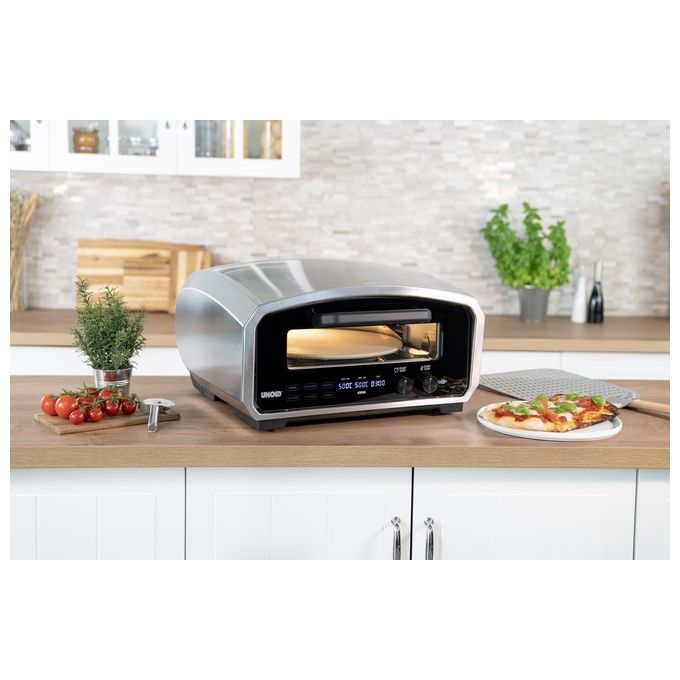 Unold 68916 Enzo Forno per Pizza Elettrico 2100 W con Pietra Rotante e Display Digitale temperatura fino a 500 °C colore Acciaio inox