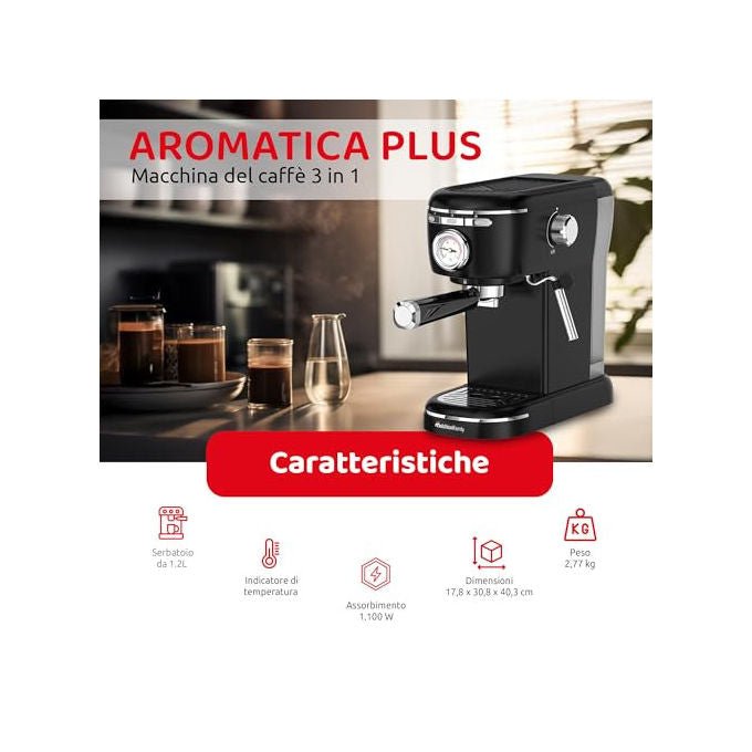 Melchioni Family, Macchina da Caffe' Espresso, 3 in 1, 15 Bar, Montalatte, Nera