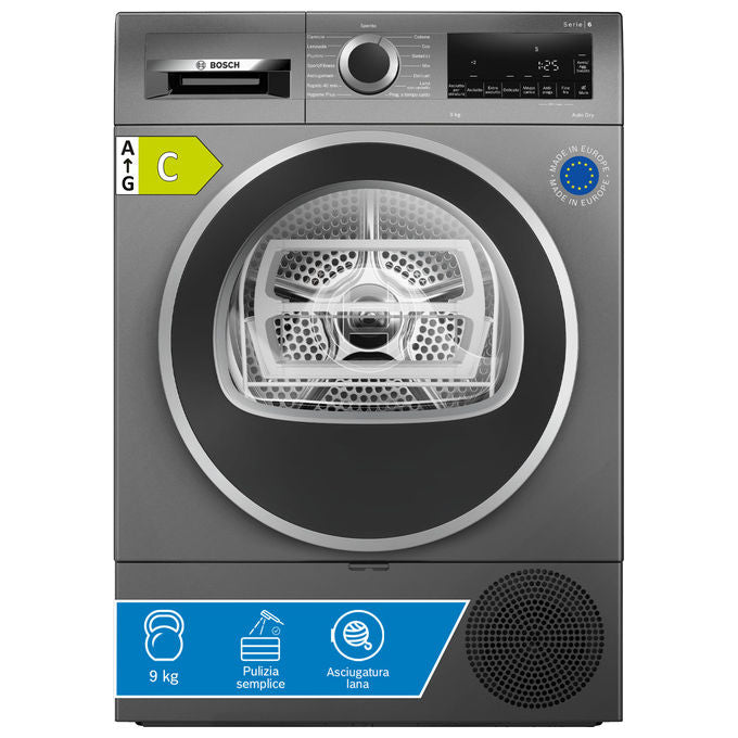 Bosch WQG243DRII - Asciugatrice Pompa di Calore 9 kg, Classe C, AutoDry + Programma Lenzuola + Movimento bidirezionale, (84,2 × 59,8 × 61,3 cm), Antracite - Nero