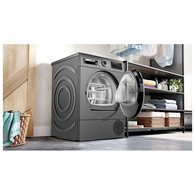 Bosch WQG243DRII - Asciugatrice Pompa di Calore 9 kg, Classe C, AutoDry + Programma Lenzuola + Movimento bidirezionale, (84,2 × 59,8 × 61,3 cm), Antracite - Nero