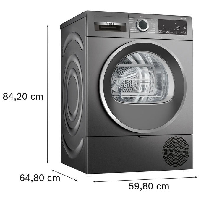 Bosch WQG243DRII - Asciugatrice Pompa di Calore 9 kg, Classe C, AutoDry + Programma Lenzuola + Movimento bidirezionale, (84,2 × 59,8 × 61,3 cm), Antracite - Nero