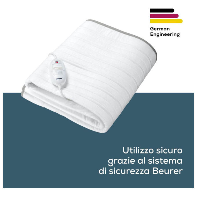 Beurer TS 17 Scaldaletto elettrico singolo 3 livelli di temperatura 150×80 cm tessuto traspirante in fleece morbido sistema di sicurezza Beurer con spegnimento automatico lavabile a 30 °C alimentazione elettrica colore bianco.