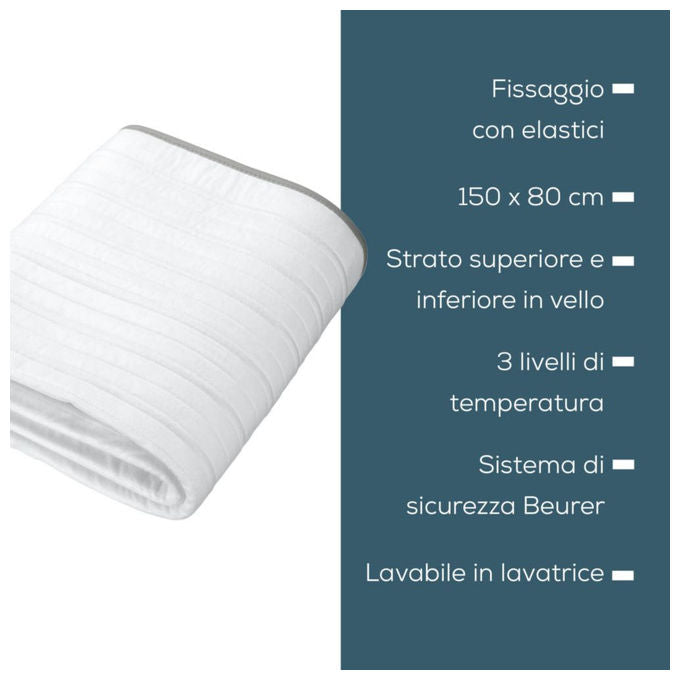 Beurer TS 17 Scaldaletto elettrico singolo 3 livelli di temperatura 150×80 cm tessuto traspirante in fleece morbido sistema di sicurezza Beurer con spegnimento automatico lavabile a 30 °C alimentazione elettrica colore bianco.