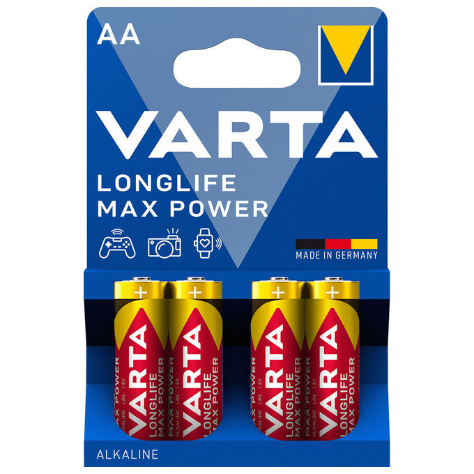 Varta Longlife Max Power, Batteria Alcalina Stilo AA LR6, Blister da 4