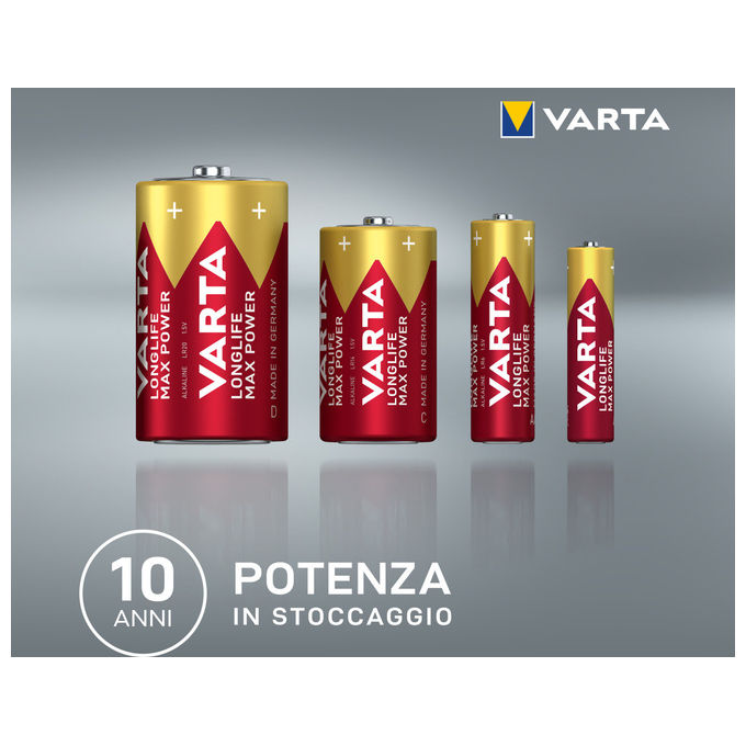 Varta Longlife Max Power, Batteria Alcalina Stilo AA LR6, Blister da 4