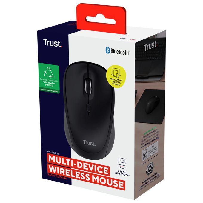 Trust Yvi+ Mouse Wireless Bluetooth Ambidestro 1600 DPI Nero