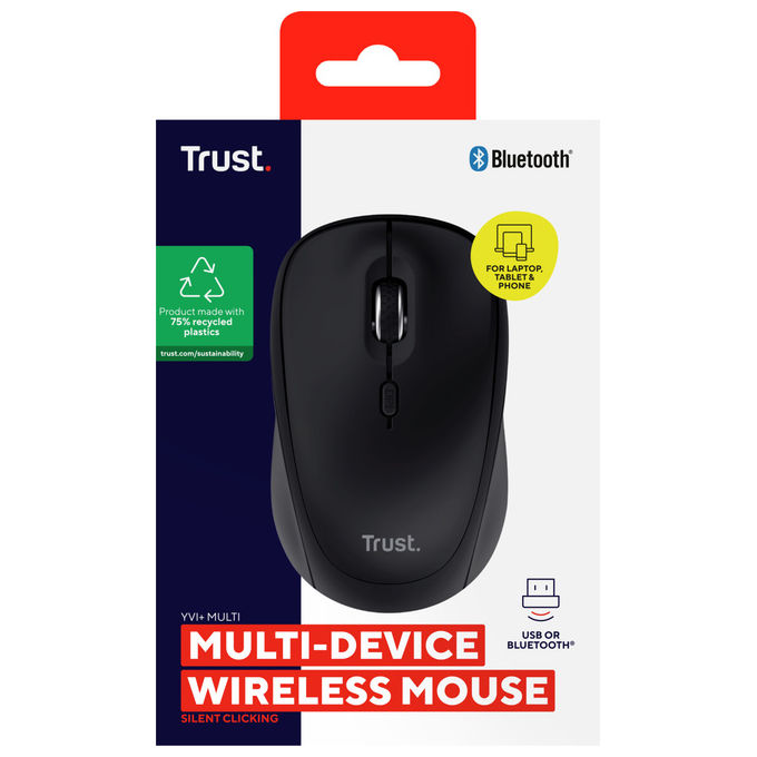 Trust Yvi+ Mouse Wireless Bluetooth Ambidestro 1600 DPI Nero