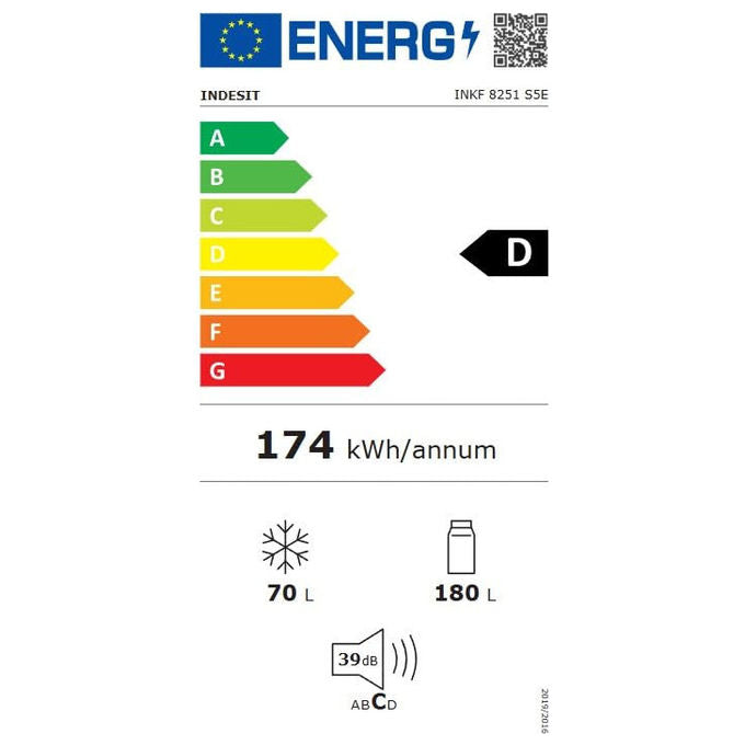 Indesit INKF8251S5E Frigorifero Combinato 250 L 180 cm Classe D 39 dB No Frost Libera Installazione colore Argento