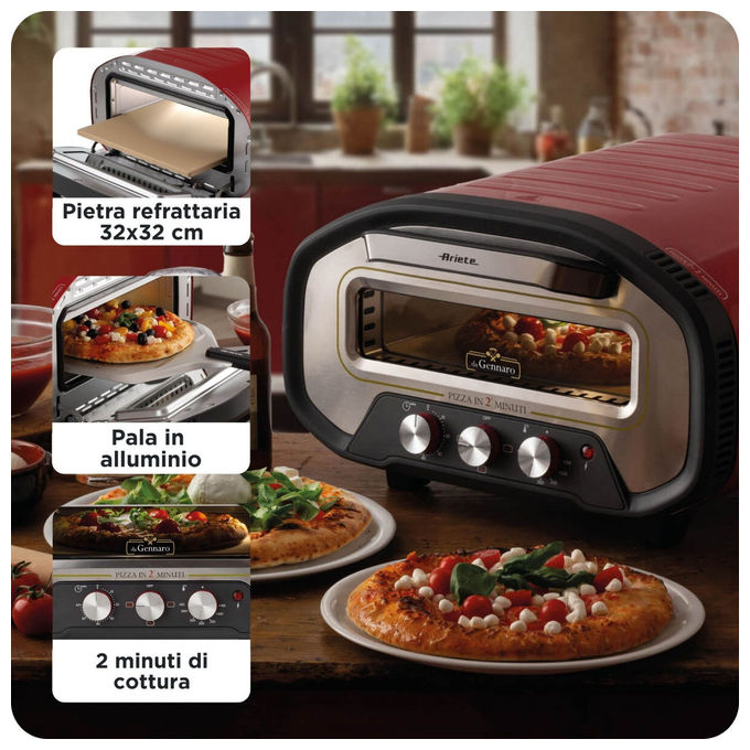 [ComeNuovo] Ariete 3901 Da Gennaro Forno per Pizza 2200W 430°C Pietra Refrattaria Timer 60 min colore Rosso