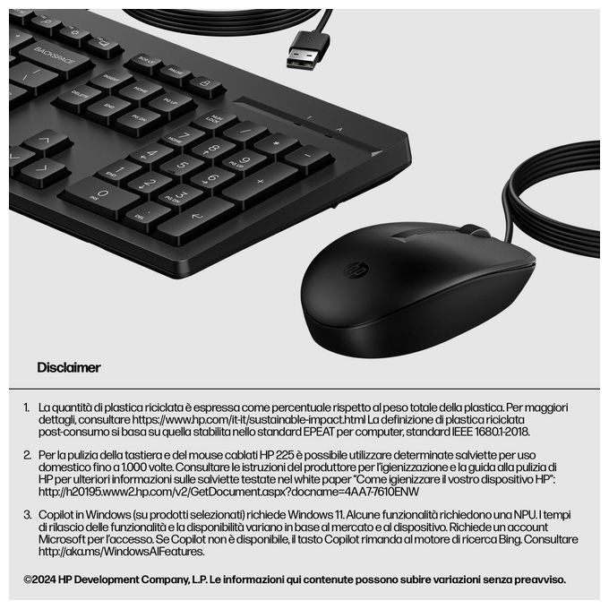 Hp Kit Mouse e Tastiera 225 Wired Usb Layout Italiano Nero