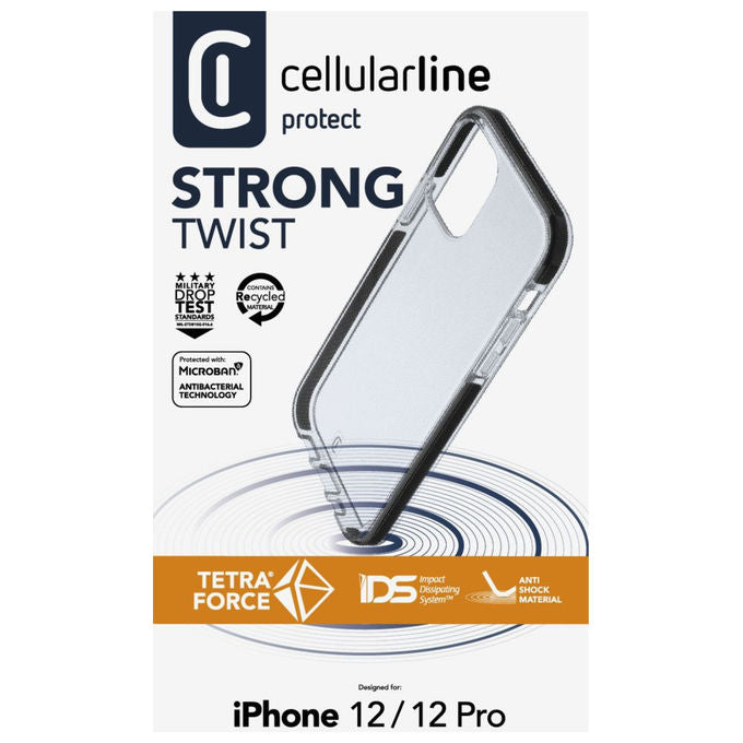 Cellularline Tetra Force Strong Twist, Cover anti-shock per iPhone 12-12 Pro, Nero-Trasparente