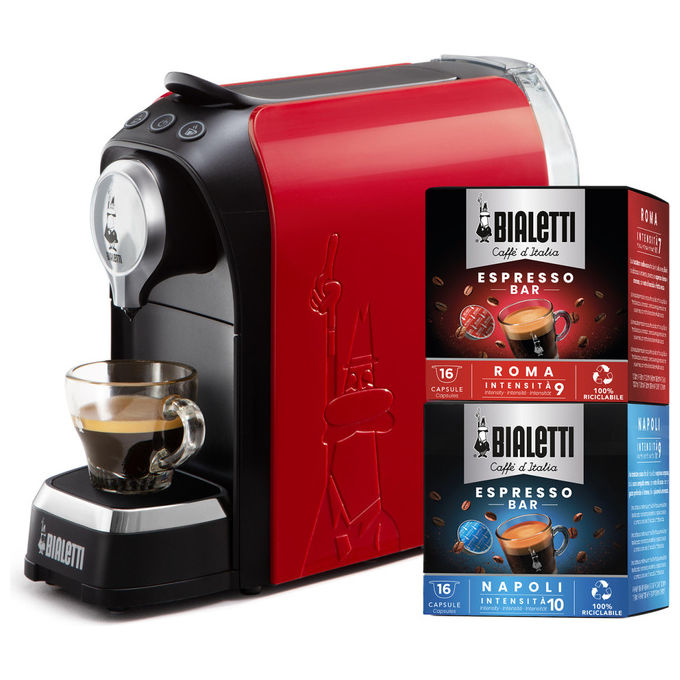 Bialetti, Macchina Caffe' a Capsule Super, Rosso con 32 Capsule Incluse