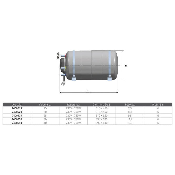 Osculati, Boiler Isotemp 750W 230V 20L, Acciaio Inox AISI 316, Grigio
