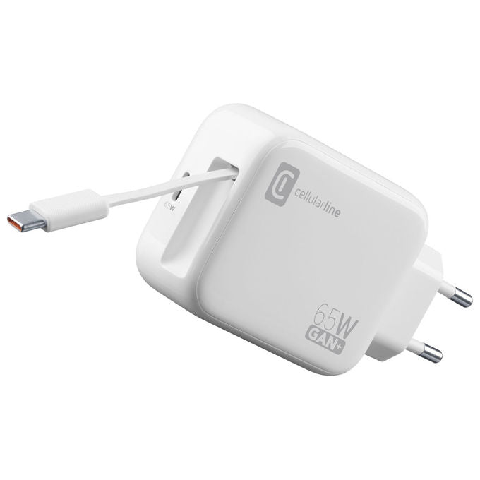 Cellularline Caricabatterie da Rete 65W con Cavo Retrattile USB-C GaN