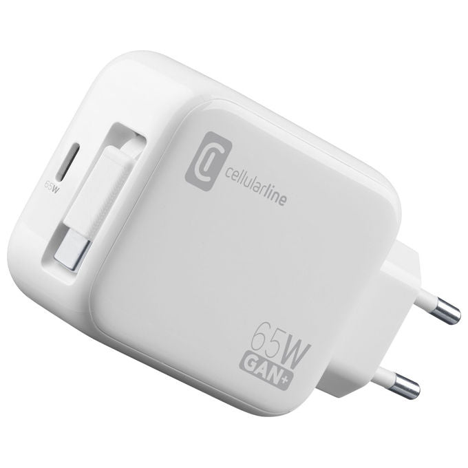 Cellularline Caricabatterie da Rete 65W con Cavo Retrattile USB-C GaN