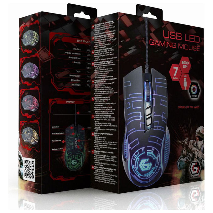 Gembird Mouse Gaming USB Ergonomico Destrorsi 3600 DPI RGB